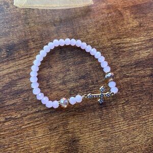NWT Handmade Light Pink Glass Beaded Bracelet with Cross Charm